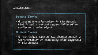 Definitions…
Domain Service
▪ A processtransformation in the domain
that is not a natural responsibility of an
entity or a value object
Domain Events
▪ A full-fledged part of the domain model, a
representation of something that happened
in the domain
 
