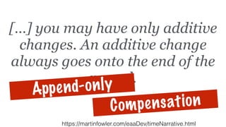 […] you may have only additive
changes. An additive change
always goes onto the end of the
record.
https://martinfowler.com/eaaDev/timeNarrative.html
Append-only
Compensation
 
