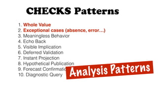 CHECKS Patterns
1. Whole Value
2. Exceptional cases (absence, error…)
3. Meaningless Behavior
4. Echo Back
5. Visible Implication
6. Deferred Validation
7. Instant Projection
8. Hypothetical Publication
9. Forecast Conﬁrmation
10. Diagnostic Query Analysis Patterns
 