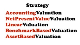 AccountingValuation
NetPresentValueValuation
LinearValuation
BenchmarkBasedValuation
AssetBasedValuation
Strategy
 