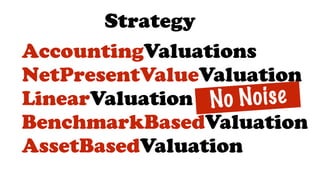 AccountingValuations
NetPresentValueValuation
LinearValuation
BenchmarkBasedValuation
AssetBasedValuation
Strategy
No Noise
 