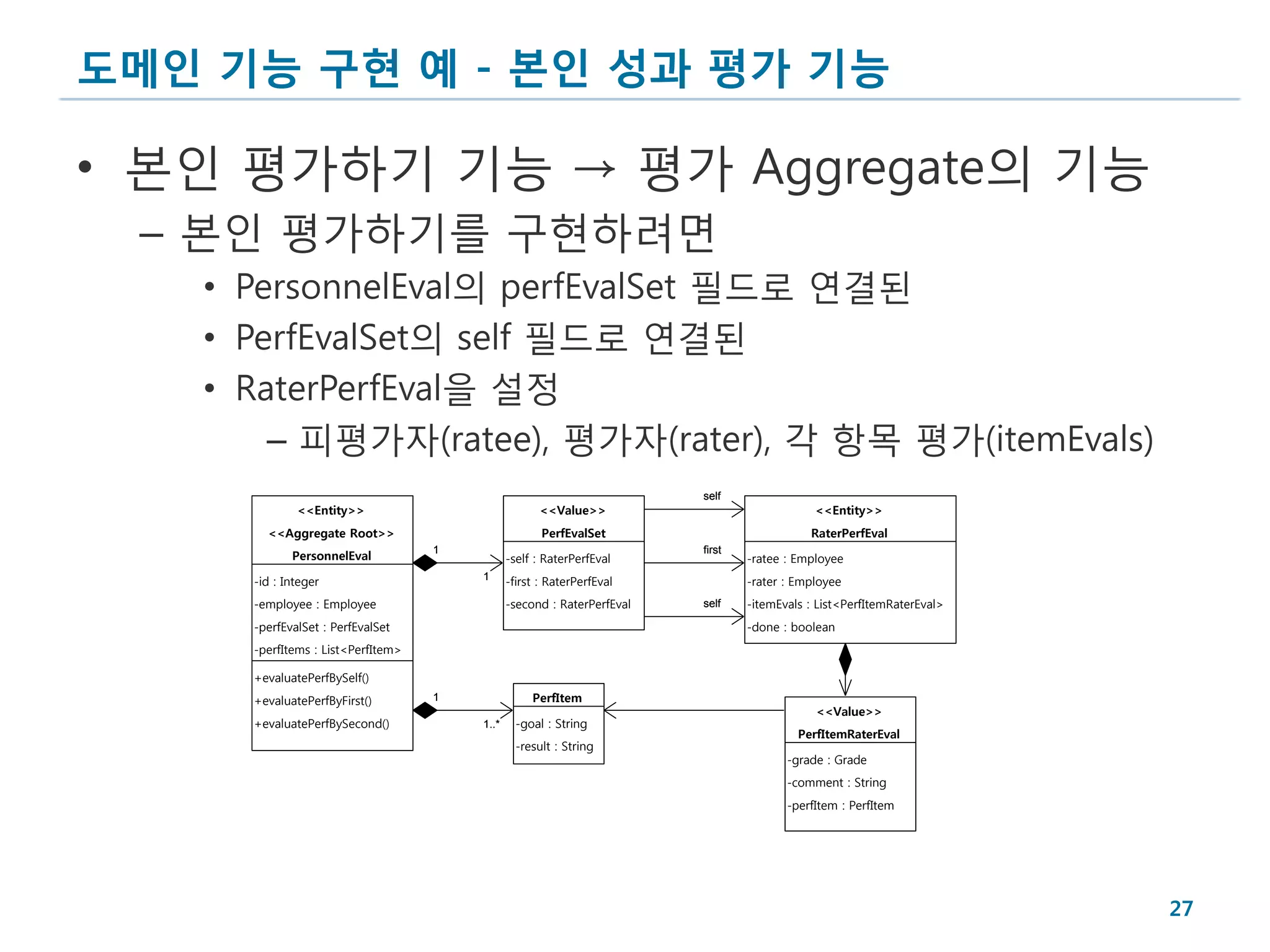 도메인 기능 구현 예 - 본인 성과 평가 기능

• 본인 평가하기 기능 → 평가 Aggregate의 기능
 – 본인 평가하기를 구현하려면
   • PersonnelEval의 perfEvalSet 필드로 연결된
   • PerfEvalSet의 self 필드로 연결된
   • RaterPerfEval을 설정
       – 피평가자(ratee), 평가자(rater), 각 항목 평가(itemEvals)
                                                                        self
             <<Entity>>                              <<Value>>                              <<Entity>>
       <<Aggregate Root>>                            PerfEvalSet                           RaterPerfEval
                                   1                                    first
            PersonnelEval                     -self : RaterPerfEval             -ratee : Employee
     -id : Integer                     1      -first : RaterPerfEval            -rater : Employee
     -employee : Employee                     -second : RaterPerfEval   self    -itemEvals : List<PerfItemRaterEval>
     -perfEvalSet : PerfEvalSet                                                 -done : boolean
     -perfItems : List<PerfItem>

     +evaluatePerfBySelf()
     +evaluatePerfByFirst()        1               PerfItem
                                                                                            <<Value>>
     +evaluatePerfBySecond()           1..*     -goal : String
                                                                                         PerfItemRaterEval
                                                -result : String
                                                                                       -grade : Grade
                                                                                       -comment : String
                                                                                       -perfItem : PerfItem




                                                                                                                       27
 