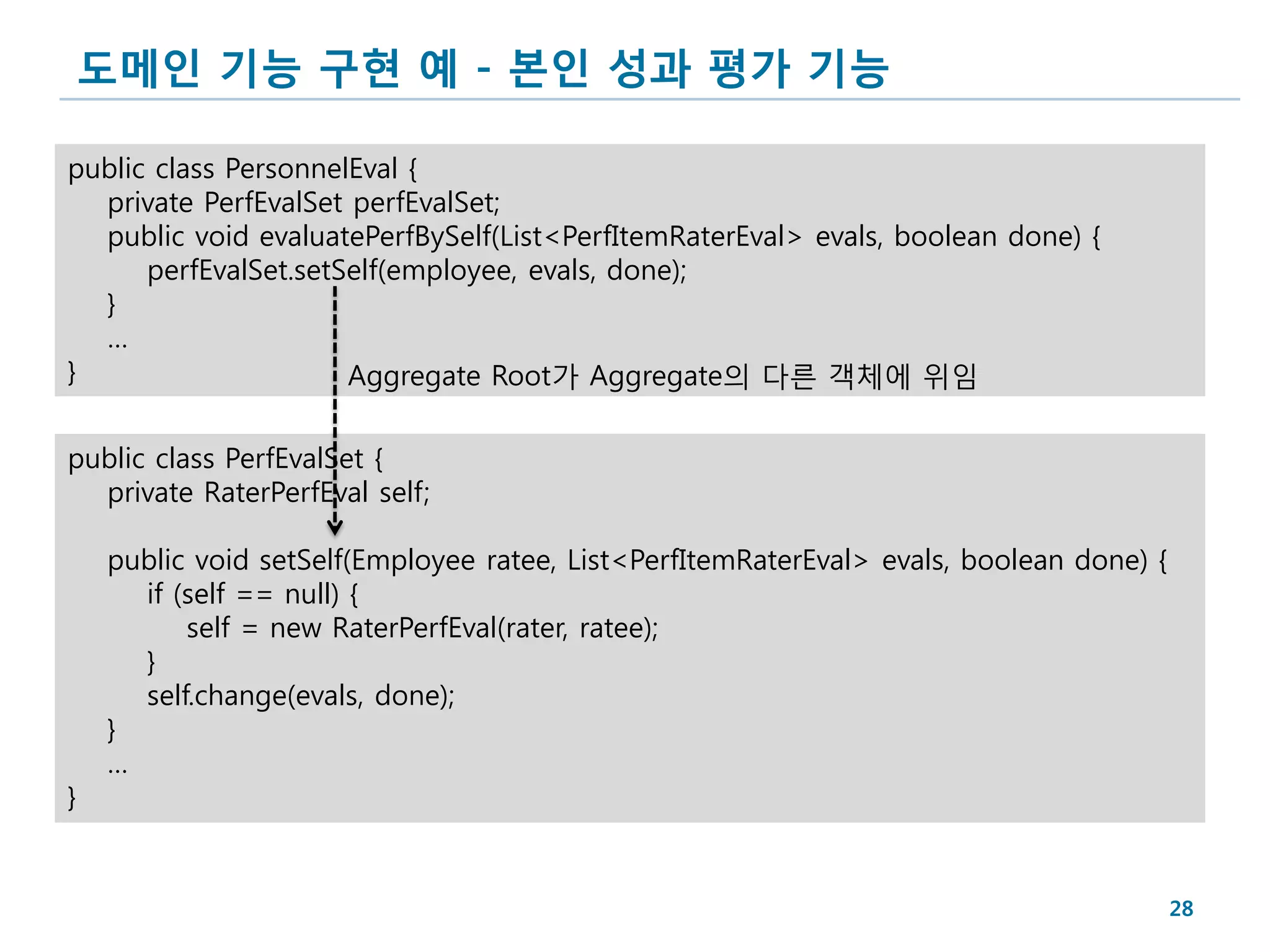 도메인 기능 구현 예 - 본인 성과 평가 기능

public class PersonnelEval {
  private PerfEvalSet perfEvalSet;
  public void evaluatePerfBySelf(List<PerfItemRaterEval> evals, boolean done) {
      perfEvalSet.setSelf(employee, evals, done);
  }
  …
}                     Aggregate Root가 Aggregate의 다른 객체에 위임

public class PerfEvalSet {
  private RaterPerfEval self;

    public void setSelf(Employee ratee, List<PerfItemRaterEval> evals, boolean done) {
      if (self == null) {
          self = new RaterPerfEval(rater, ratee);
      }
      self.change(evals, done);
    }
    …
}


                                                                                         28
 
