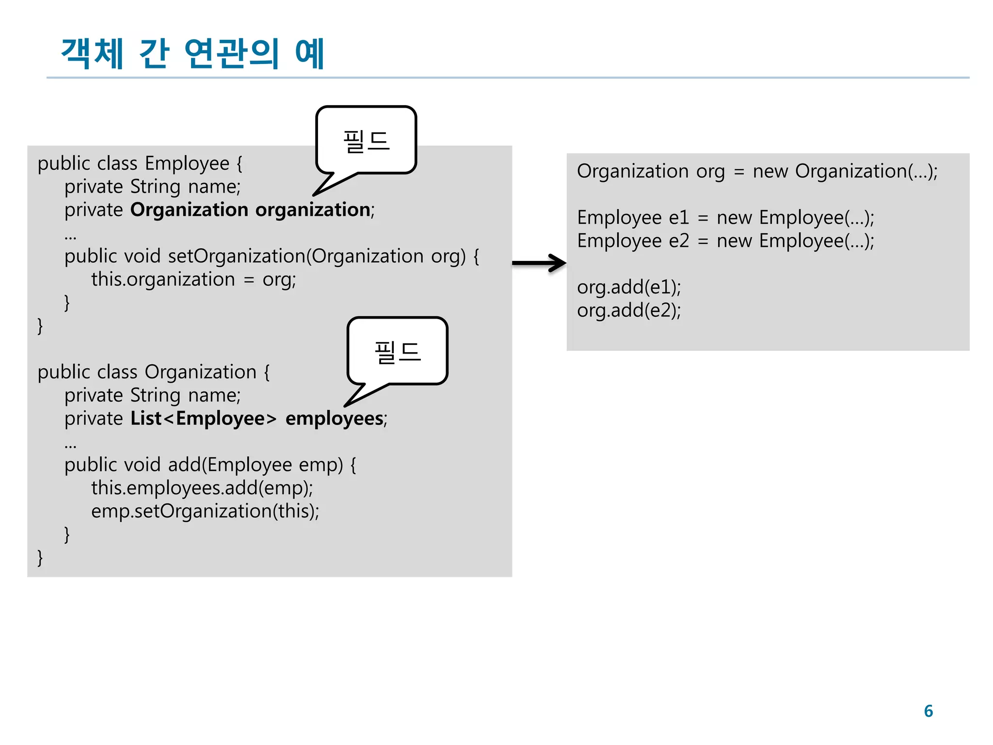 객체 간 연관의 예

                                 필드
public class Employee {                             Organization org = new Organization(…);
  private String name;
  private Organization organization;                Employee e1 = new Employee(…);
  ...                                               Employee e2 = new Employee(…);
  public void setOrganization(Organization org) {
      this.organization = org;                      org.add(e1);
  }                                                 org.add(e2);
}
                                     필드
public class Organization {
  private String name;
  private List<Employee> employees;
  ...
  public void add(Employee emp) {
      this.employees.add(emp);
      emp.setOrganization(this);
  }
}




                                                                                         6
 