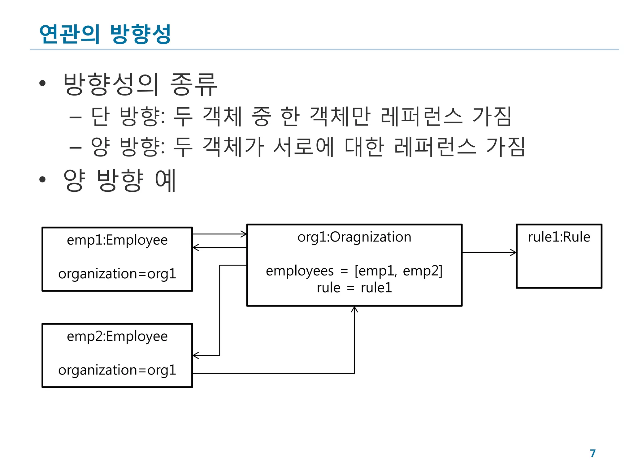 연관의 방향성

• 방향성의 종류
  – 단 방향: 두 객체 중 한 객체만 레퍼런스 가짐
  – 양 방향: 두 객체가 서로에 대한 레퍼런스 가짐
• 양 방향 예

  emp1:Employee          org1:Oragnization      rule1:Rule

 organization=org1   employees = [emp1, emp2]
                           rule = rule1


  emp2:Employee

 organization=org1




                                                         7
 