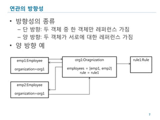 연관의 방향성

• 방향성의 종류
  – 단 방향: 두 객체 중 한 객체만 레퍼런스 가짐
  – 양 방향: 두 객체가 서로에 대한 레퍼런스 가짐
• 양 방향 예

  emp1:Employee          org1:Oragnization      rule1:Rule

 organization=org1   employees = [emp1, emp2]
                           rule = rule1


  emp2:Employee

 organization=org1




                                                         7
 