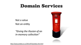 Not	a	value	
Not	an	enDty	
”Giving the illusion of an
in-memory collec6on”
Domain Services
h#p://www.andeka.co.cc/2011/07/postbox-251.html
 