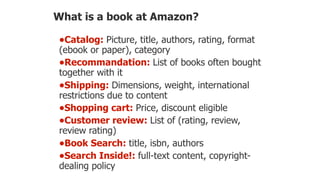 What is a book at Amazon?
•Catalog: Picture, title, authors, rating, format
(ebook or paper), category
•Recommandation: List of books often bought
together with it
•Shipping: Dimensions, weight, international
restrictions due to content
•Shopping cart: Price, discount eligible
•Customer review: List of (rating, review,
review rating)
•Book Search: title, isbn, authors
•Search Inside!: full-text content, copyright-
dealing policy
 