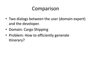 Comparison
• Two dialogs between the user (domain expert)
and the developer.
• Domain: Cargo Shipping
• Problem: How to efficiently generate
Itinerary?
 