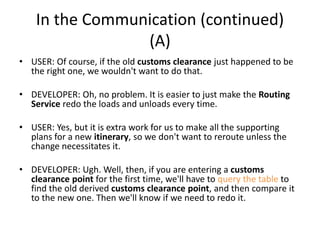 In the Communication (continued)
(A)
• USER: Of course, if the old customs clearance just happened to be
the right one, we wouldn't want to do that.
• DEVELOPER: Oh, no problem. It is easier to just make the Routing
Service redo the loads and unloads every time.
• USER: Yes, but it is extra work for us to make all the supporting
plans for a new itinerary, so we don't want to reroute unless the
change necessitates it.
• DEVELOPER: Ugh. Well, then, if you are entering a customs
clearance point for the first time, we'll have to query the table to
find the old derived customs clearance point, and then compare it
to the new one. Then we'll know if we need to redo it.
 