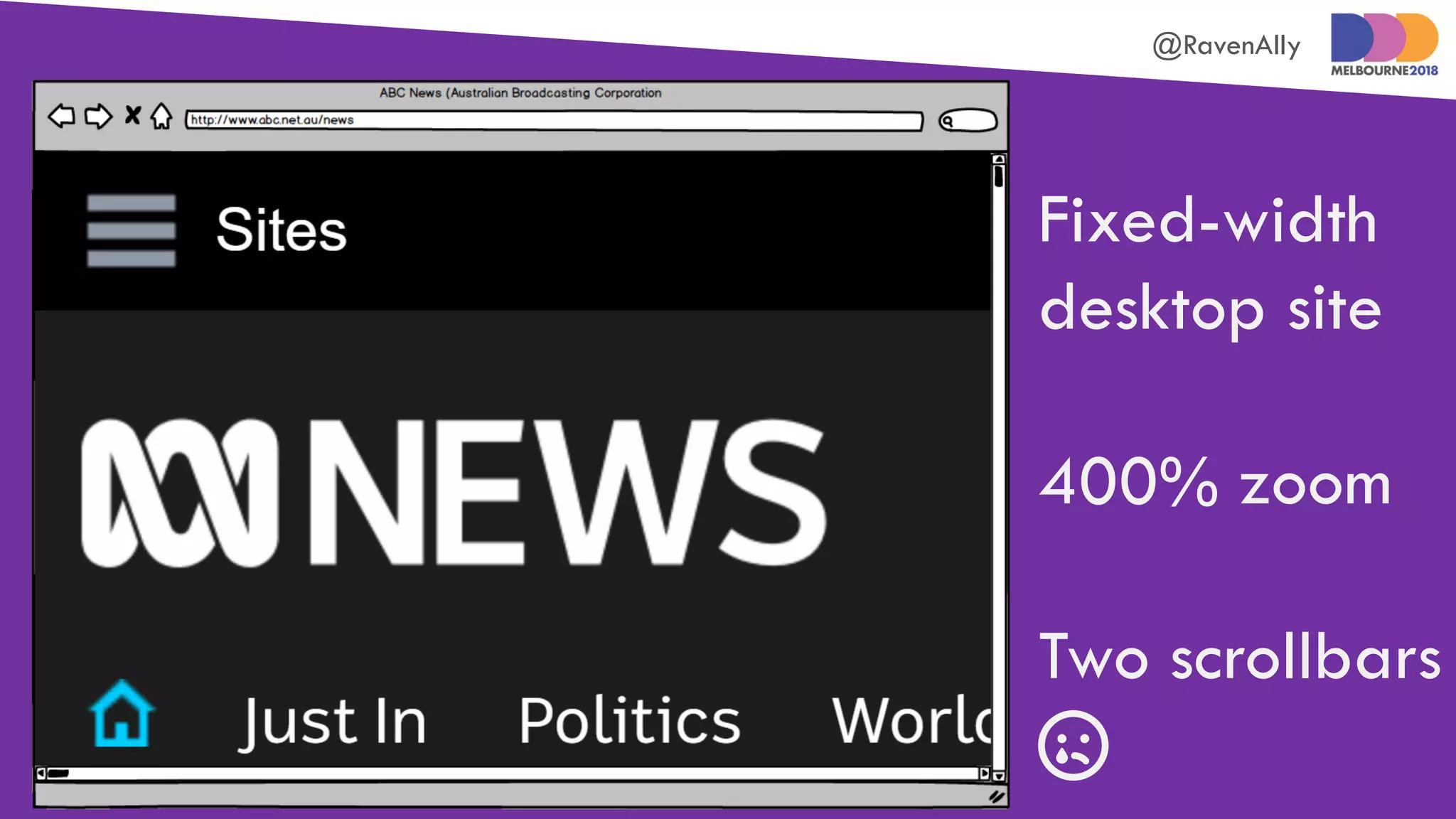 @RavenAlly
Fixed-width
desktop site
400% zoom
Two scrollbars

 