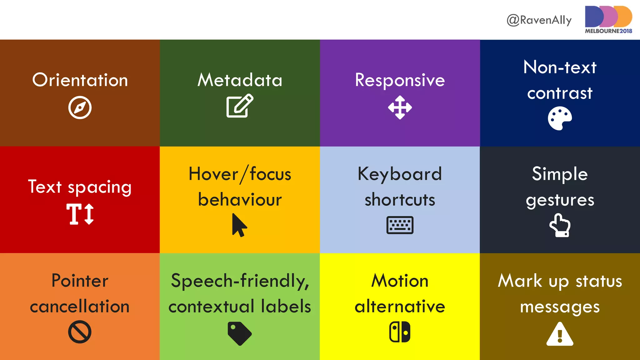 @RavenAlly
Orientation

Text spacing

Pointer
cancellation

Speech-friendly,
contextual labels

Motion
alternative

Hover/focus
behaviour

Keyboard
shortcuts

Mark up status
messages

Simple
gestures

Non-text
contrast

Responsive

Metadata

 