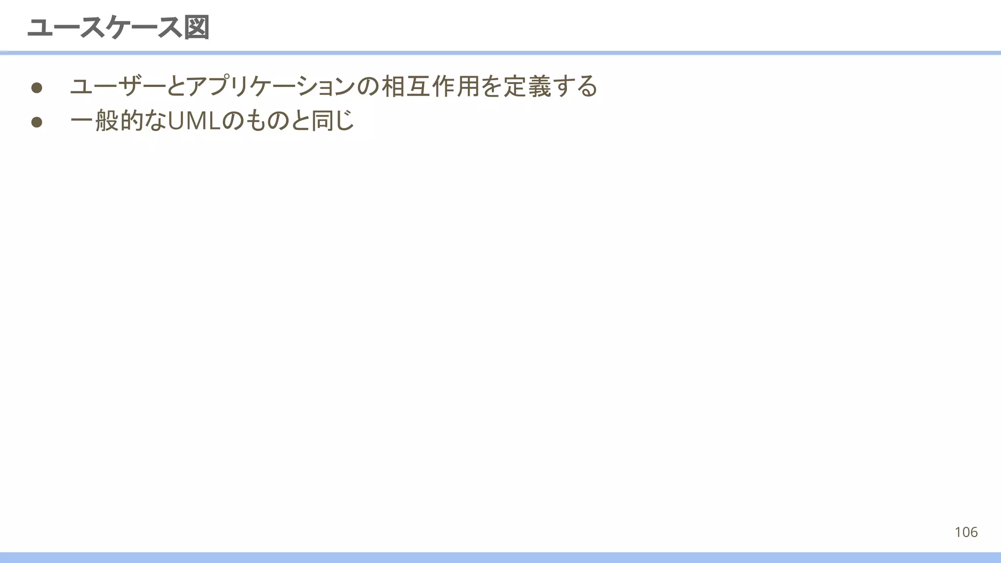 ユースケース図
● ユーザーとアプリケーションの相互作用を定義する
● 一般的なUMLのものと同じ
106
 