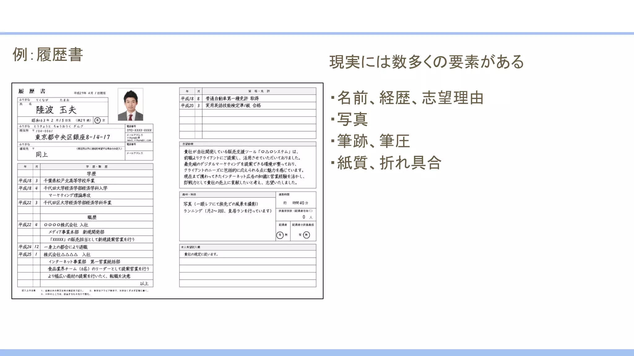 例：履歴書 現実には数多くの要素がある
・名前、経歴、志望理由
・写真
・筆跡、筆圧
・紙質、折れ具合
 