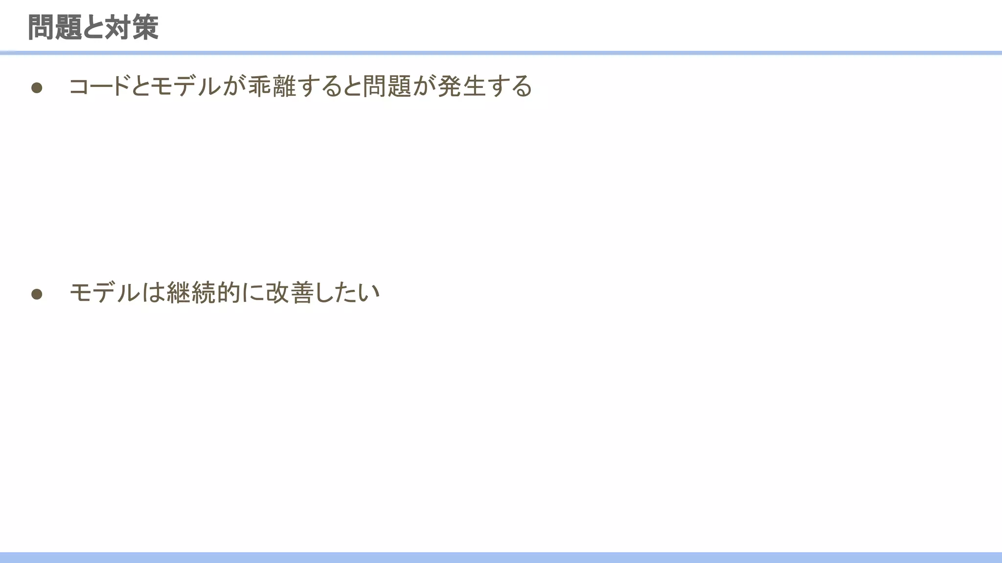 ● コードとモデルが乖離すると問題が発生する
● モデルは継続的に改善したい
問題と対策
 