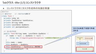 Taskクラス -After (1/3) コンストラクタ
● コンストラクタにタスク作成時の知識を移譲
タスクは未完了状態で作成
される
129
 