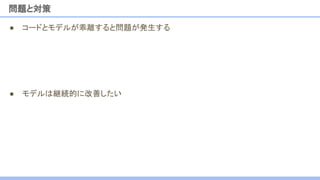 ● コードとモデルが乖離すると問題が発生する
● モデルは継続的に改善したい
問題と対策
 