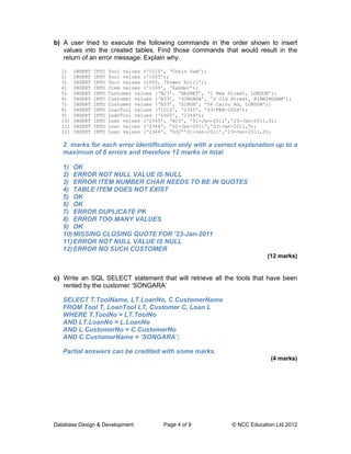 b) A user tried to execute the following commands in the order shown to insert
   values into the created tables. Find those commands that would result in the
   return of an error message. Explain why.

  1)    INSERT   INTO   Tool values (‘1010’, ‘Chain Saw’);
  2)    INSERT   INTO   Tool values (‘1005’);
  3)    INSERT   INTO   Tool values (1005, ‘Power Drill’);
  4)    INSERT   INTO   Item values (‘1005’, ‘Sander’);
  5)    INSERT   INTO   Customer values (‘B23’, ‘HASNET’, ‘1 New Street, LONDON’);
  6)    INSERT   INTO   Customer values (‘B33’, ‘SONGARA’, ‘2 Old Street, BIRMINGHAM’);
  7)    INSERT   INTO   Customer values (‘B33’, ‘SINGH’, ’56 Cairo Rd, LONDON’);
  8)    INSERT   INTO   LoanTool values (‘1010’, ‘2345’, ’03-FEB-2004’);
  9)    INSERT   INTO   LoanTool values (‘1005’, ‘2344’);
  10)   INSERT   INTO   Loan values (‘2345’, ‘B23’, ’01-Jan-2011’,’23-Jan-2011,0);
  11)   INSERT   INTO   Loan values (‘2344’, ’01-Jan-2011’,’23-Jan-2011,0);
  12)   INSERT   INTO   Loan values (‘2346’, ‘D32’’01-Jan-2011’,’23-Jan-2011,0);

   2 marks for each error identification only with a correct explanation up to a
   maximum of 6 errors and therefore 12 marks in total

   1) OK
   2) ERROR NOT NULL VALUE IS NULL
   3) ERROR ITEM NUMBER CHAR NEEDS TO BE IN QUOTES
   4) TABLE ITEM DOES NOT EXIST
   5) OK
   6) OK
   7) ERROR DUPLICATE PK
   8) ERROR TOO MANY VALUES
   9) OK
   10) MISSING CLOSING QUOTE FOR ’23-Jan-2011
   11) ERROR NOT NULL VALUE IS NULL
   12) ERROR NO SUCH CUSTOMER
                                                                               (12 marks)


c) Write an SQL SELECT statement that will retrieve all the tools that have been
   rented by the customer ‘SONGARA’

   SELECT T.ToolName, LT.LoanNo, C.CustomerName
   FROM Tool T, LoanTool LT, Customer C, Loan L
   WHERE T.ToolNo = LT.ToolNo
   AND LT.LoanNo = L.LoanNo
   AND L.CustomerNo = C.CustomerNo
   AND C.CustomerName = ‘SONGARA’;

   Partial answers can be credited with some marks.
                                                                                (4 marks)




Database Design & Development              Page 4 of 9            © NCC Education Ltd 2012
 