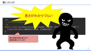 悪いメソッド
35
部の承認状態を変えずに
部員を減らせてしまう
悪さがわかりづらい
 