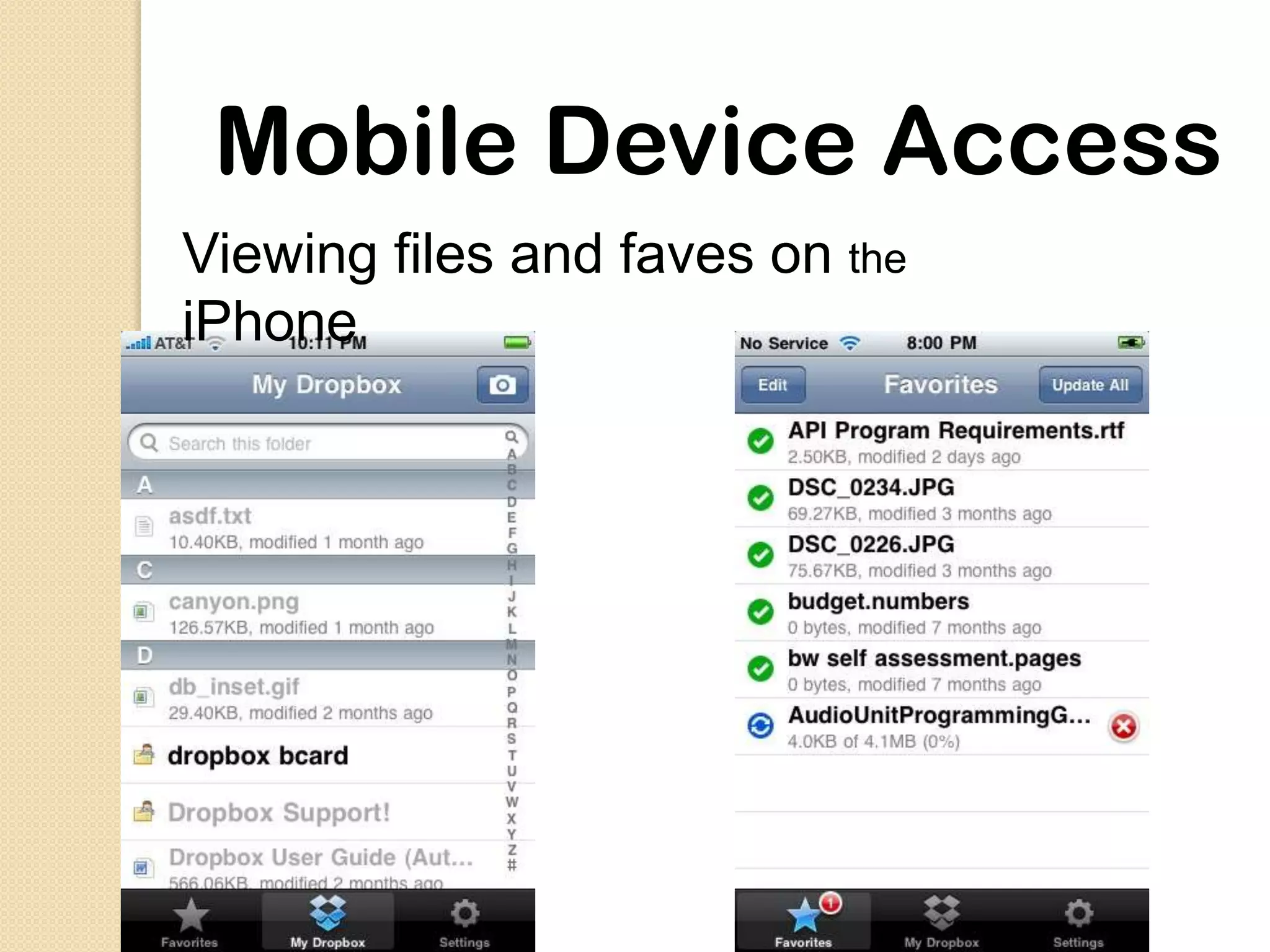 Mobile Device Access
Viewing files and faves on the
iPhone
 