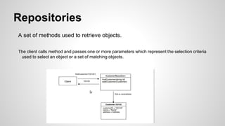 Repositories
A set of methods used to retrieve objects.
The client calls method and passes one or more parameters which represent the selection criteria
used to select an object or a set of matching objects.
 