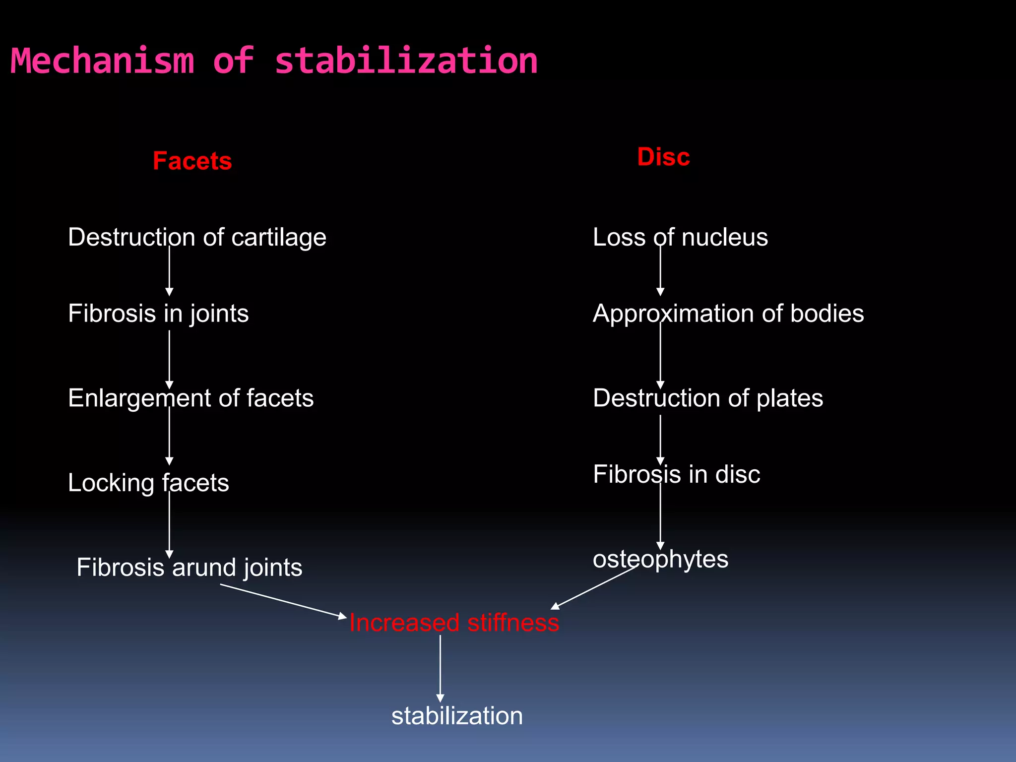 Mechanism of stabilization
Disc

Facets
Destruction of cartilage

Loss of nucleus

Fibrosis in joints

Approximation of bodies

Enlargement of facets

Destruction of plates

Locking facets

Fibrosis in disc
osteophytes

Fibrosis arund joints
Increased stiffness

stabilization

 