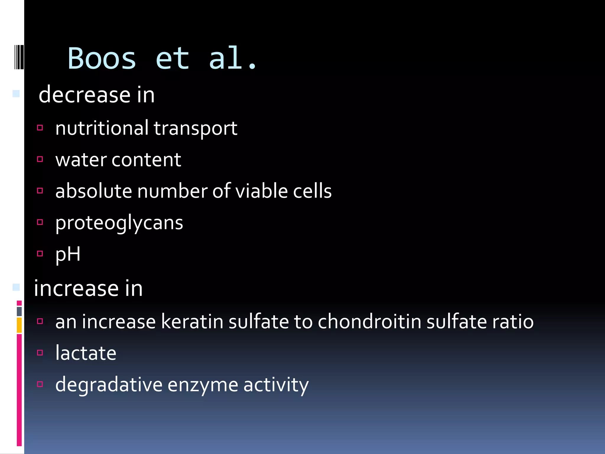 Boos et al.
 decrease in
 nutritional transport

 water content
 absolute number of viable cells
 proteoglycans

 pH

 increase in
 an increase keratin sulfate to chondroitin sulfate ratio
 lactate
 degradative enzyme activity

 