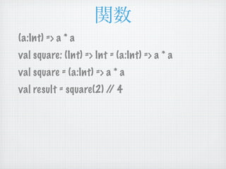 (a:Int) => a * a
val square: (Int) => Int = (a:Int) => a * a
val square = (a:Int) => a * a
val result = square(2) / 4
    ...