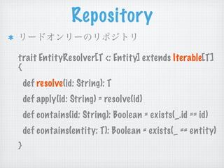 Repository

trait EntityResolver[T <: Entity] extends Iterable[T]
{
    def resolve(id: String): T
    def apply(id: Strin...
