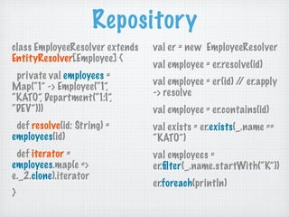 Repository
class EmployeeResolver extends   val er = new EmployeeResolver
EntityResolver[Employee] {
                     ...