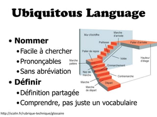 Ubiquitous Language
• Nommer
•Facile à chercher
•Prononçables
•Sans abréviation
• Définir
•Définition partagée
•Comprendre, pas juste un vocabulaire
h"p://scalin.fr/rubrique-­‐technique/glossaire
 
