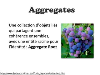 Une  collecDon  d’objets  liés  
qui  partagent  une  
cohérence  ensembles,  
avec  une  enDté  racine  pour  
l’idenDté  :  Aggregate  Root
Aggregates
h"p://www.boitearece"es.com/fruits_legumes/raisin-­‐text.htm
 