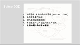 Before DDD
1. 3 個系統，其中2 個內部系統 (bounded context)
2. 承擔太多業務功能
3. 加入新的功能很困難
4. 有些甚至可以外包或向第三方購買
5. 軟體的關注點沒有被釐清
 