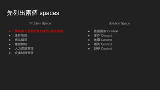 先列出兩個 spaces
Problem Space
● 幫助客人買到想買的東西（商品推薦）
● 庫存管理
● 商品購買
● 權限檢核
● 人力資源管理
● 企業財務管理
Solution Space
● 最優獲取 Context
● 庫存 Context
● 地圖 Context
● 購買 Context
● ERP Context
 