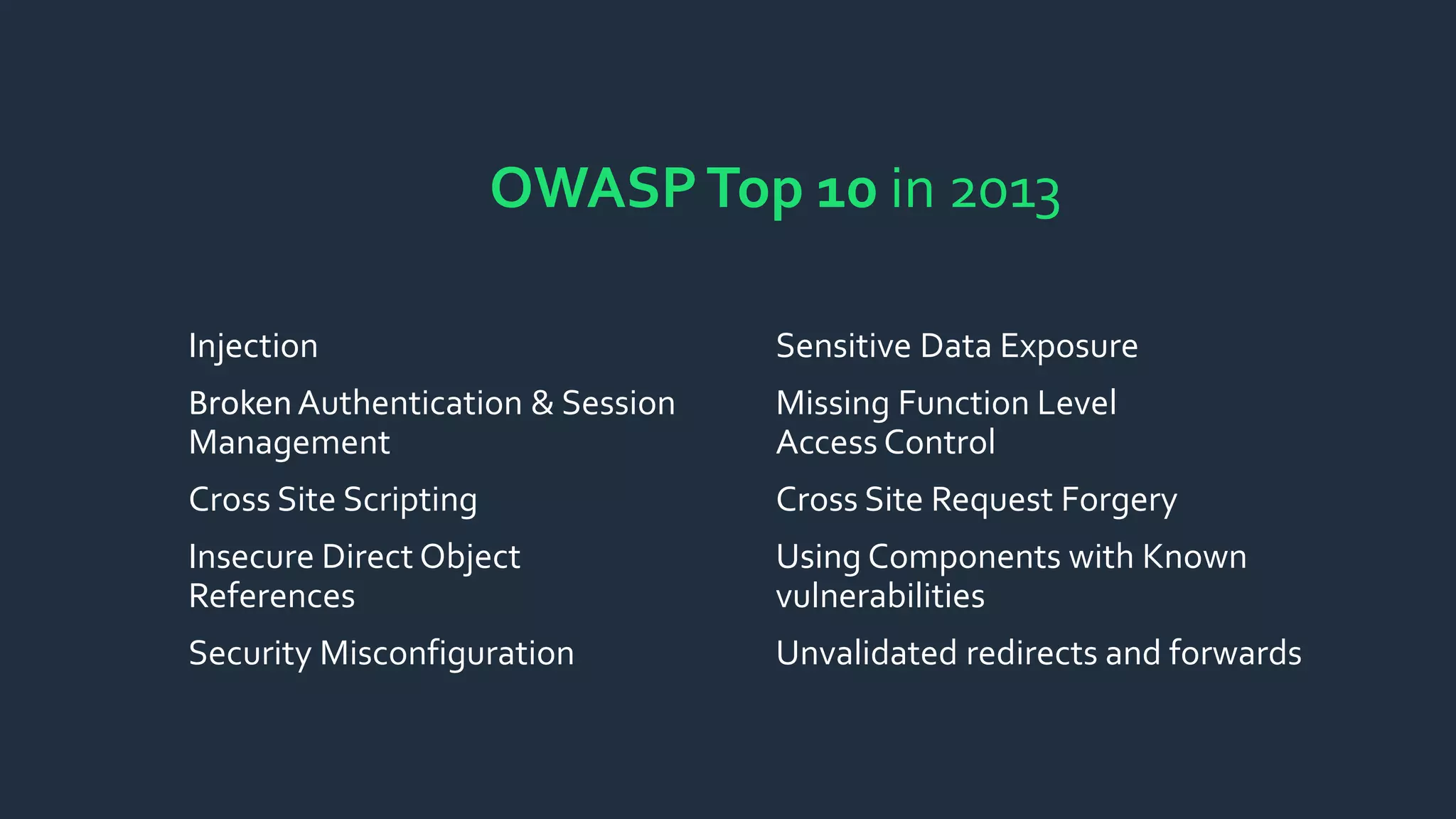 OWASPTop 10 in 2013
Injection
BrokenAuthentication & Session
Management
Cross Site Scripting
Insecure Direct Object
References
Security Misconfiguration
Sensitive Data Exposure
Missing Function Level
Access Control
Cross Site Request Forgery
Using Components with Known
vulnerabilities
Unvalidated redirects and forwards
 