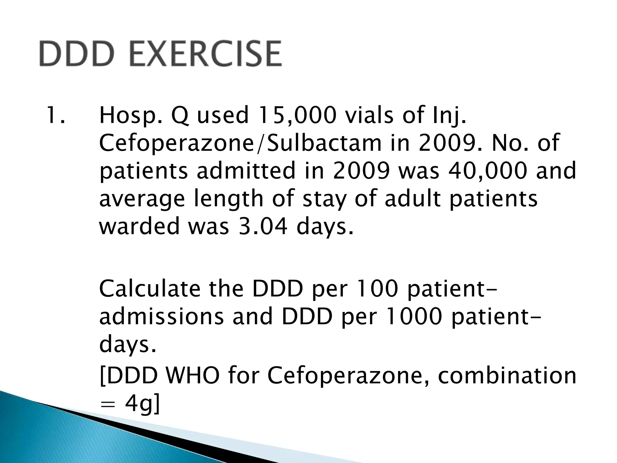 1. Hosp. Q used 15,000 vials of Inj.
Cefoperazone/Sulbactam in 2009. No. of
patients admitted in 2009 was 40,000 and
average length of stay of adult patients
warded was 3.04 days.
Calculate the DDD per 100 patient-
admissions and DDD per 1000 patient-
days.
[DDD WHO for Cefoperazone, combination
= 4g]
 