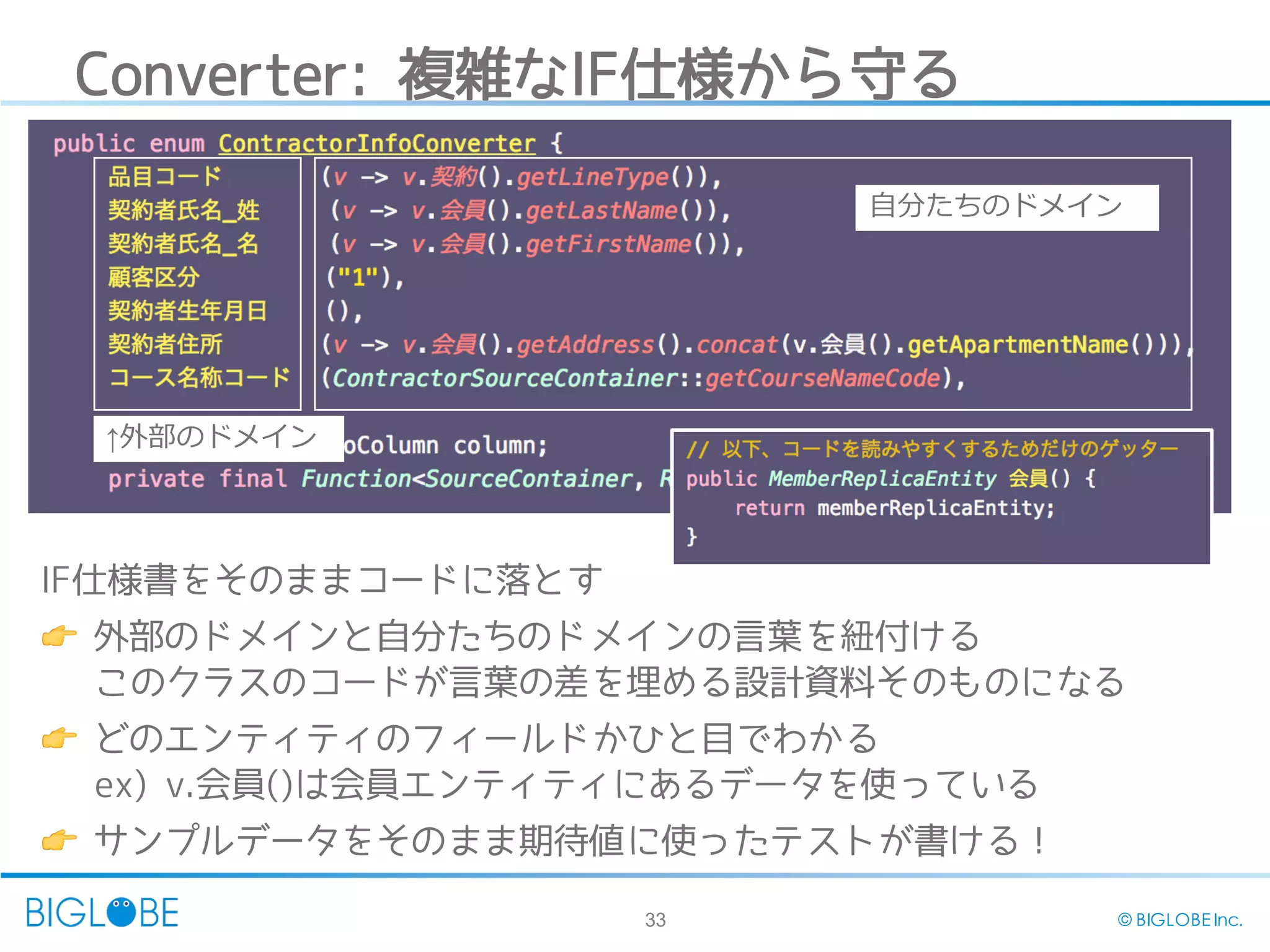 33 © BIGLOBE Inc.
Converter: 複雑なIF仕様から守る
IF仕様書をそのままコードに落とす
👉 外部のドメインと自分たちのドメインの言葉を紐付ける
このクラスのコードが言葉の差を埋める設計資料そのものになる
👉 どのエンティティのフィールドかひと目でわかる
ex) v.会員()は会員エンティティにあるデータを使っている
👉 サンプルデータをそのまま期待値に使ったテストが書ける！
↑外部のドメイン
⾃自分たちのドメイン
 