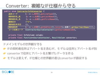 34 © BIGLOBE Inc.
Converter: 複雑なIF仕様から守る
ドメインモデルの世界観を守る
👉 IFの契約者住所はアパート名を含むが、モデルは住所とアパート名が別
👉 converterで住所とアパート名を繋げたデータを作る
👉 モデルは変えず、IF仕様との世界観の差はconverterが吸収する
 