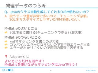 38 © BIGLOBE Inc.
物理データのつらみ
Q. Javaのクラス自動生成してくれるO/RM使わないの？
A. 扱うデータ量が非常に多いので、チューニング必須。
SQLをカスタマイズしやすいO/RMを使いたい。
MyBatisのよいところ
👉 SQLを直に書ける(チューニングできる) (超大事)
MyBatisのつらいところ
👉 xmlでマッピングを書くのが大変
👉 コンパイルエラーにならないので実行時エラーが出る
👉 エラーがわかりにくいので原因の調査に苦労する
🎈 Adapterとは
よいところだけを活かす！
MyBatisを使いながらマッピングはJavaで行う！
 
