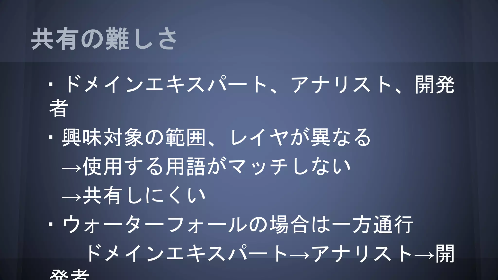共有の難しさ
・ドメインエキスパート、アナリスト、開発
者
・興味対象の範囲、レイヤが異なる
→使用する用語がマッチしない
→共有しにくい
・ウォーターフォールの場合は一方通行
ドメインエキスパート→アナリスト→開
 