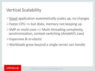 Copyright © 2014 Oracle and/or its affiliates. All rights reserved. |
Vertical Scalability
Good application automatically scales up, no changes
Faster CPU => but disks, memory not keeping up
SMP or multi-core => Multi-threading complexity,
synchronization, context switching (Amdahl’s Law)
Expensive & In-elastic
Workloads grow beyond a single server can handle
 