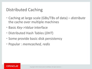 Copyright © 2014 Oracle and/or its affiliates. All rights reserved. |
Distributed Caching
• Caching at large scale (GBs/TBs of data) – distribute
the cache over multiple machines
• Basic Key->Value interface
• Distributed Hash Tables (DHT)
• Some provide basic disk persistency
• Popular : memcached, redis
 