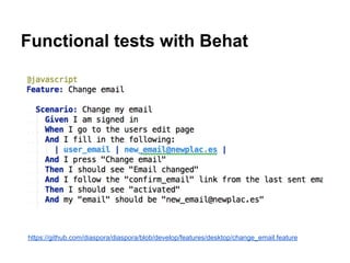 Functional tests with Behat 
https://github.com/diaspora/diaspora/blob/develop/features/desktop/change_email.feature 
 