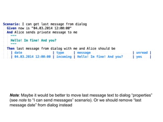 Note: Maybe it would be better to move last message text to dialog “properties” 
(see note to “I can send messages” scenario). Or we should remove “last 
message date” from dialog instead 
 