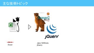 主な技術トピック
Excel
Java SAStruts
jQuery
Java
 