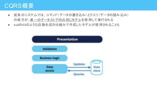 ● 従来のシステムでは、コマンド（データの書き込み）とクエリ（データの読み込み）
の両方が、単一のデータストア内の同じモデルを使用して実行される
● scaffoldのような自動生成の仕組みで作成したモデルが使用されることも
CQRS概要
 