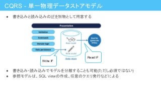 CQRS - 単一物理データストアモデル
● 書き込みと読み込みのIFを別物として用意する
● 書き込み・読み込みでモデルを分離することも可能(ただし必須ではない)
● 参照モデルは、SQL viewの作成、任意のクエリ発行などによる
Write IF
Read IF
 