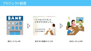 プロジェクト経歴
銀行システム4年 若手向け転職サイト 2年 社内システム半年
 
