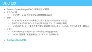 DDDとは
● Domain Driven Design(ドメイン駆動設計)の略称
● ドメインとは
○ 「アプリケーションの中心となる業務領域」のこと
● 原則
○ ドメインとドメインロジックを中心に設計する( ≠ データモデル中心)
○ 複雑なロジックをドメインモデルに寄せる(オブジェクト志向に則る)
○ ドメインエキスパート(業務の専門家)と継続的にコミュニケーションし、モデルを改善し続ける
● メリット
○ ステークホルダー間のコミュニケーションが容易になる
○ ソースの可読性、変更容易性、メンテナンス性が高まる
● EricEvansによる定義
 