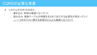 ● システムが大きくなるほど、
○ 書き込み：制御は複雑になっていく
○ 読み込み：複数テーブルの情報をまとめて加工する必要性が高まっていく
→ 一つのモデルに関する処理がどんどん複雑になっていく
CQRSが必要な背景
 
